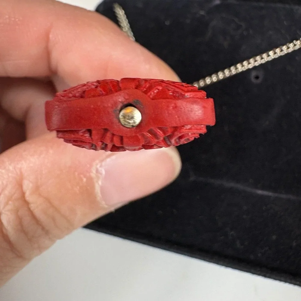 Vintage Carved Red Cinnabar Pendant Necklace Jade Accent‎ Asian Boho